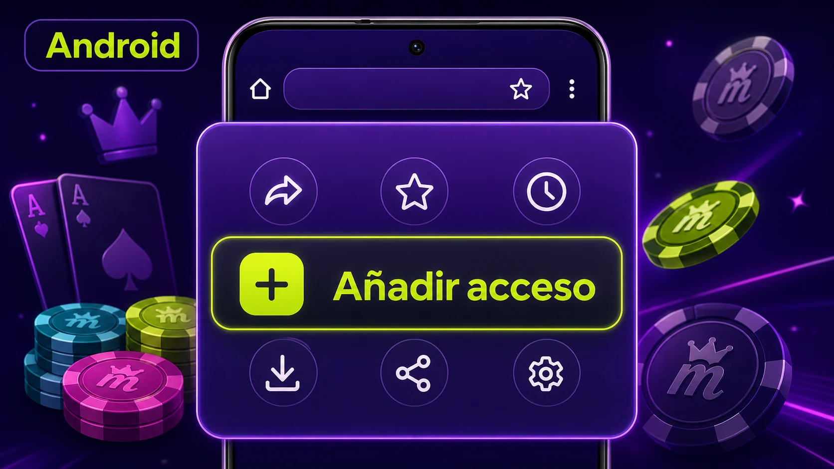 Menú de navegador en Android con la opción de añadir acceso de Spinmama