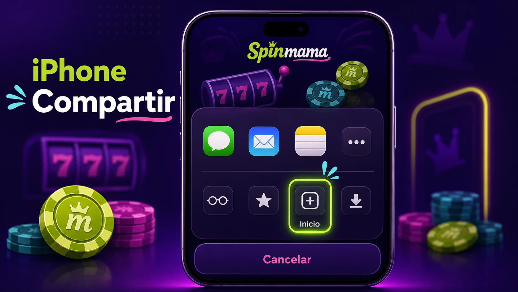 Menú Compartir en iPhone para añadir Spinmama a la pantalla de inicio