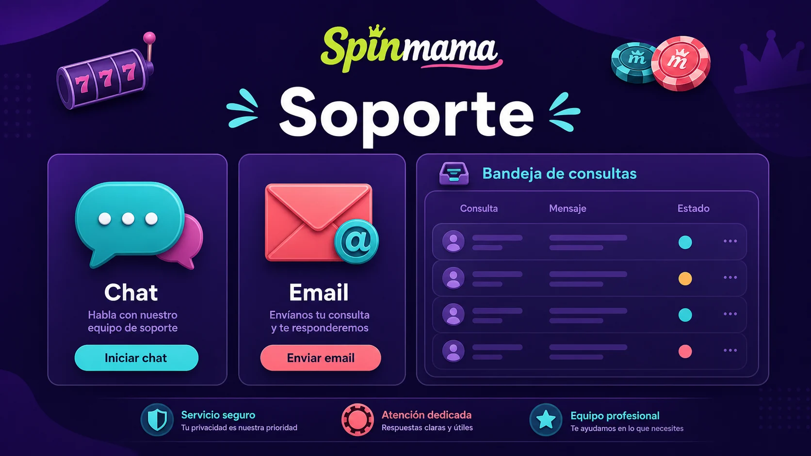 Pantalla de ayuda de Spinmama con canales de chat y correo electrónico