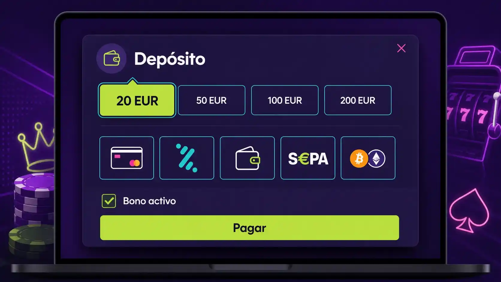 Caja de Spinmama con depósito mínimo para activar el bono de bienvenida