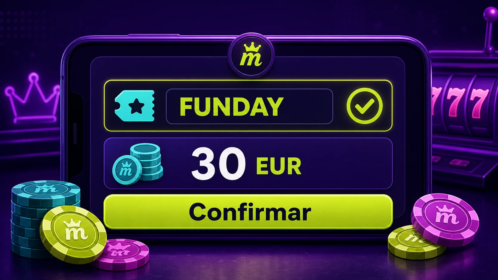 Pantalla de caja de Spinmama con código FUNDAY, importe de 30 euros y botón de confirmar