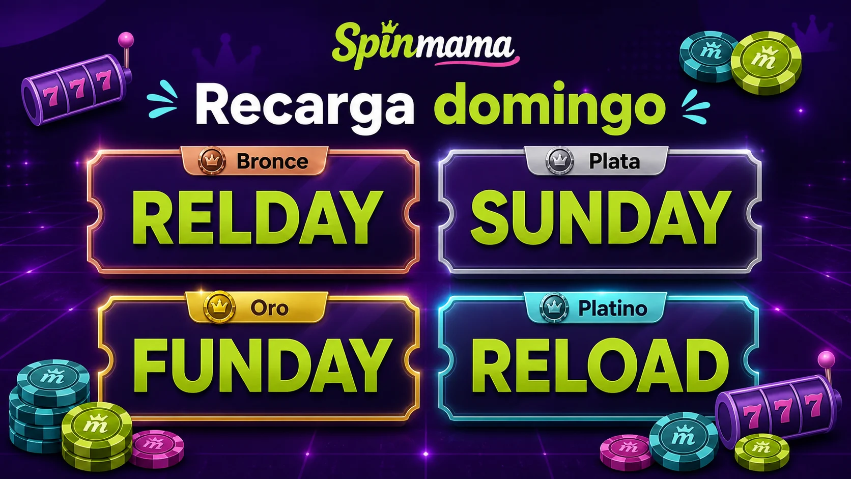 Códigos promocionales de recarga de Spinmama para Bronce, Plata, Oro y Platino