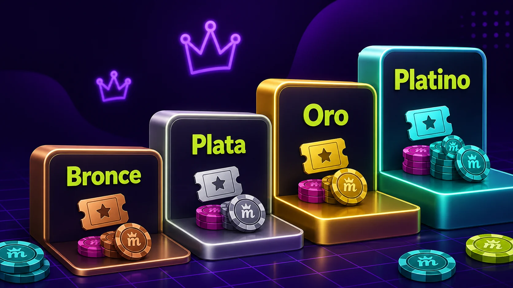 Escalera de niveles de fidelidad de Spinmama con Bronce, Plata, Oro y Platino