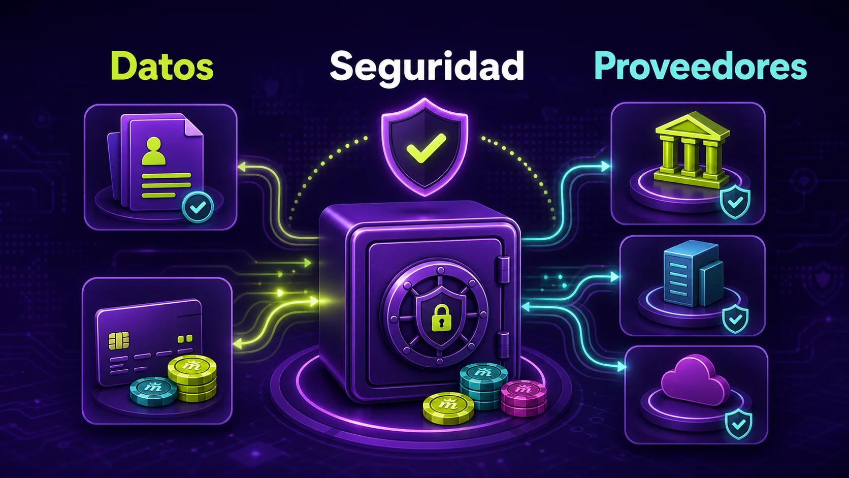 Recorrido de datos personales y de pago hacia proveedores externos en Spinmama