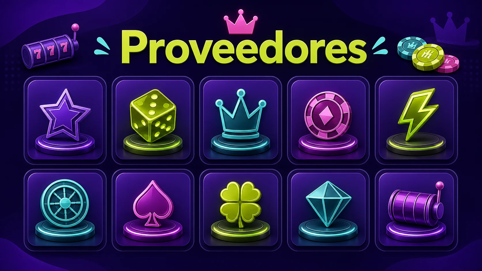 Mosaico de proveedores de software de Spinmama representados con iconos de casino