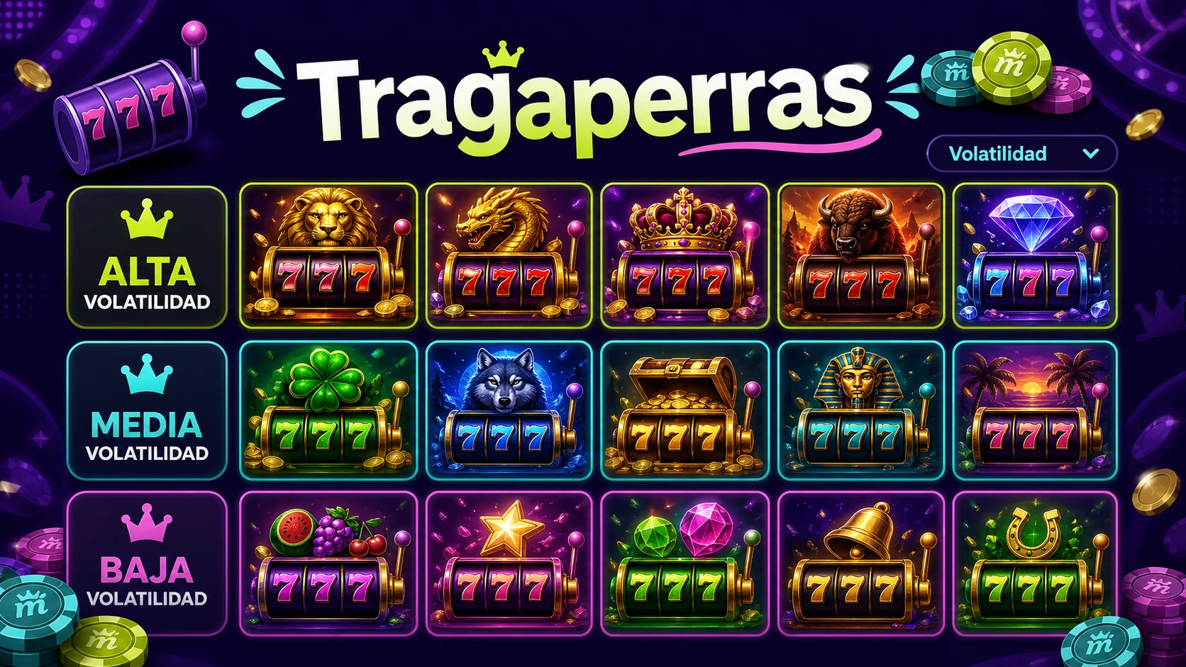 Rejilla de tragaperras de Spinmama organizada por volatilidad