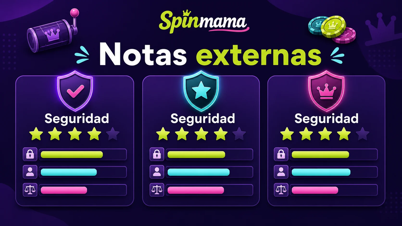 Comparativa de notas externas y seguridad de Spinmama sin logotipos de terceros