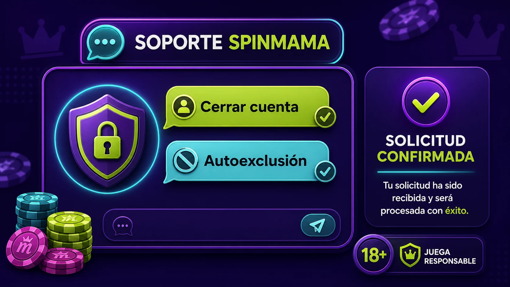 Chat de soporte de Spinmama para solicitar cierre de cuenta y autoexclusión