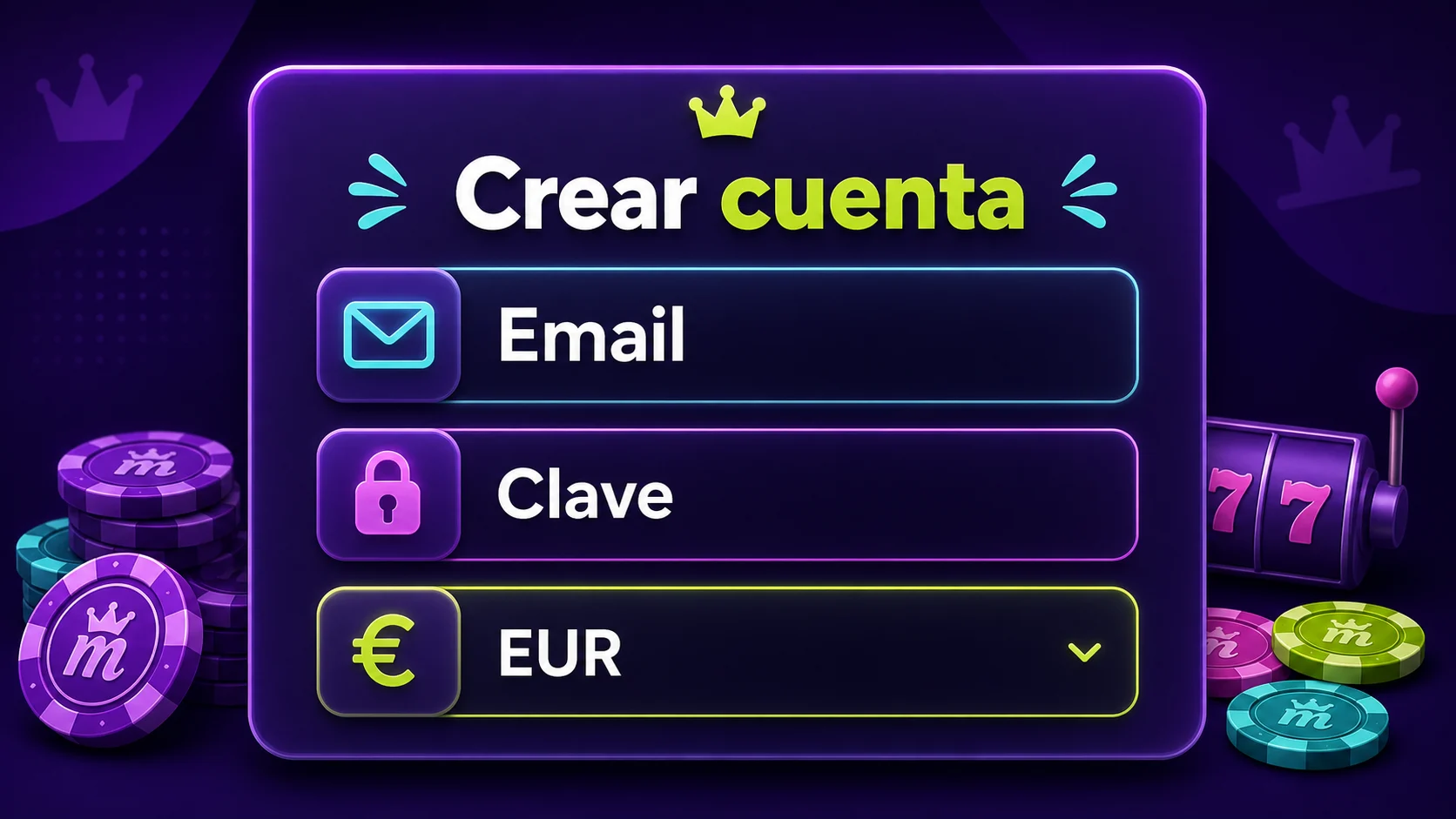Formulario de registro de Spinmama con campos de email, clave y divisa EUR