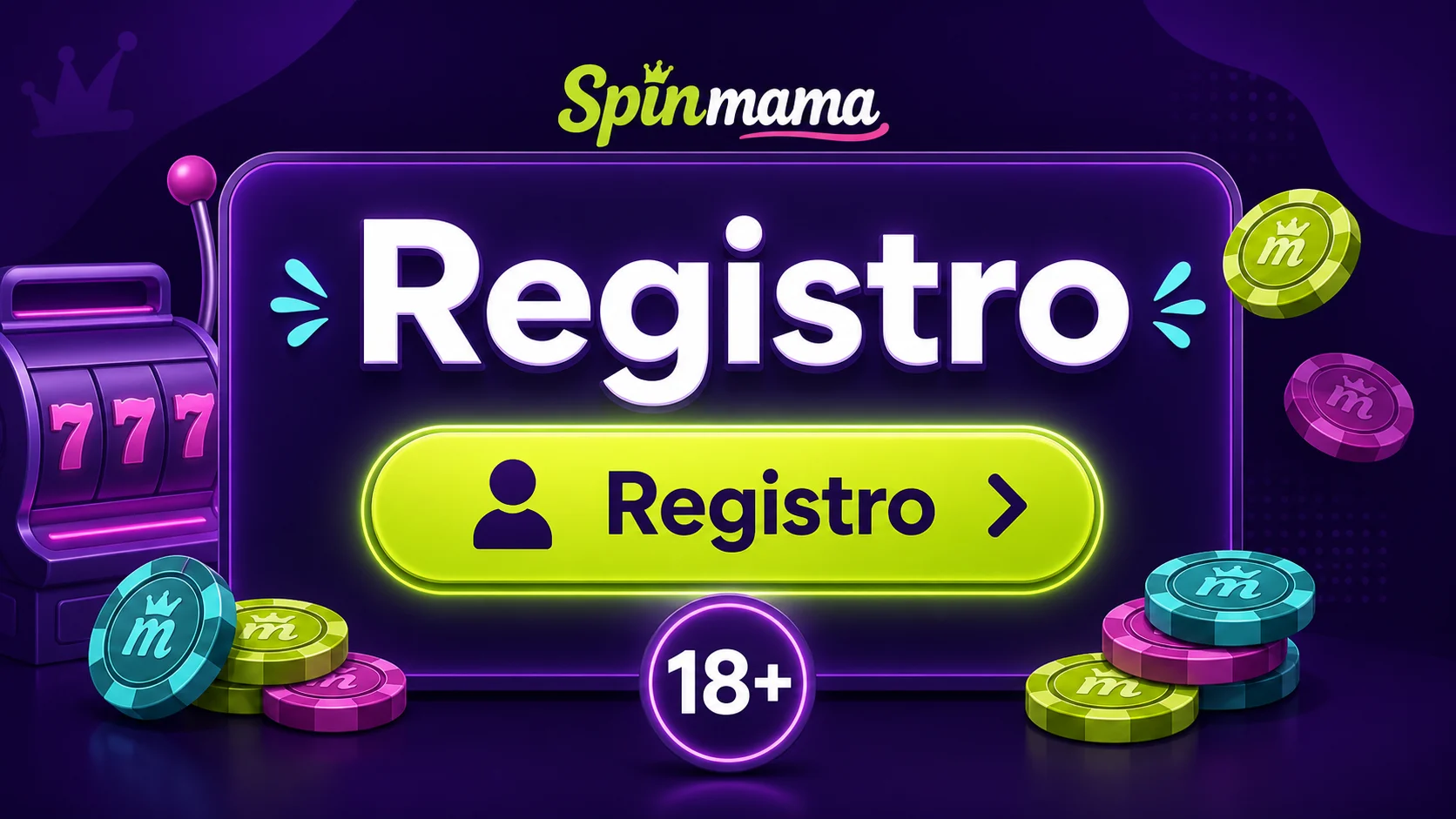 Pantalla de bienvenida de Spinmama con botón de registro y aviso de edad 18+